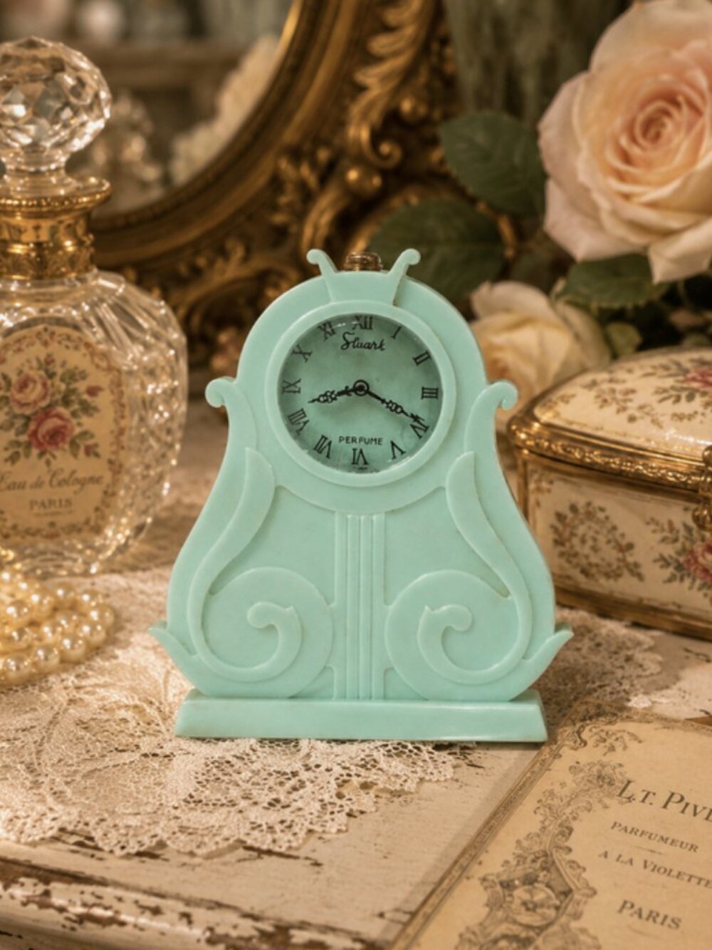 Vintage Stuart Inc St Paul Minn Perfume Clock Bottle Aqua Vanity Empty USA